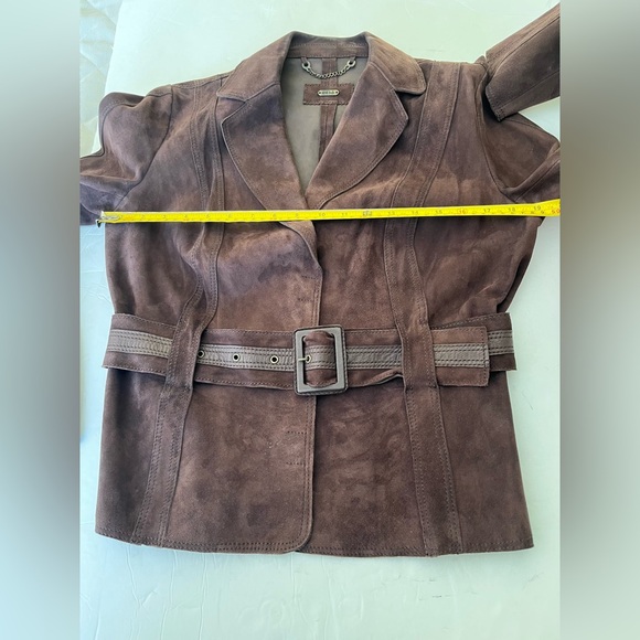 DESA cocoa brown real Suede Leather Blazer jacket suede belt snap closure US L - Picture 13 of 16